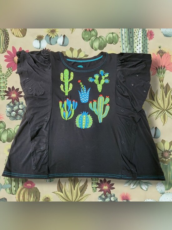 Double D Ranch Tops - Double D Ranch Black Tee with Bright Cactus Embroidery
